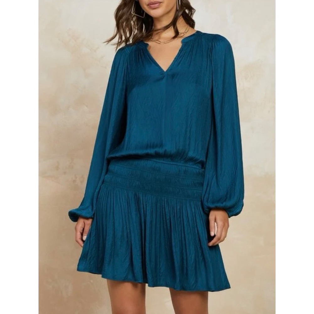 CURRENT AIR Anthropologie Long Sleeve Silky Crinkle Smocked Waist Dress Teal S